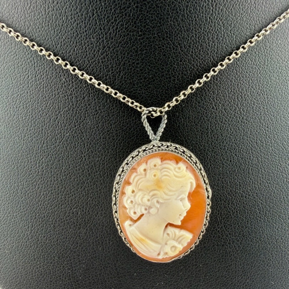 Muscariello Italian Shell Cameo Necklace Brooch 925 Sterling Silver Orange White